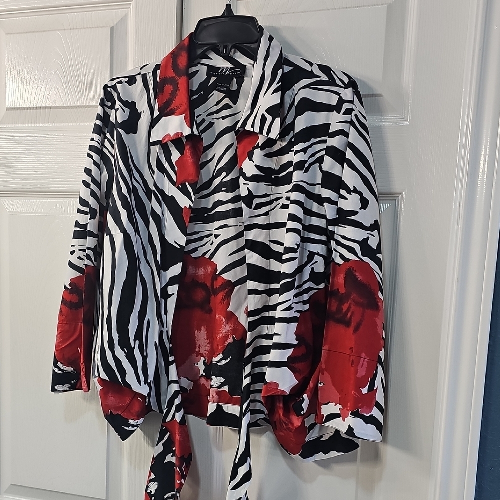 Midnight Velvet Zebra Print Red Rose Open Blouse Tie-Front  Large Colorful - Picture 7 of 10